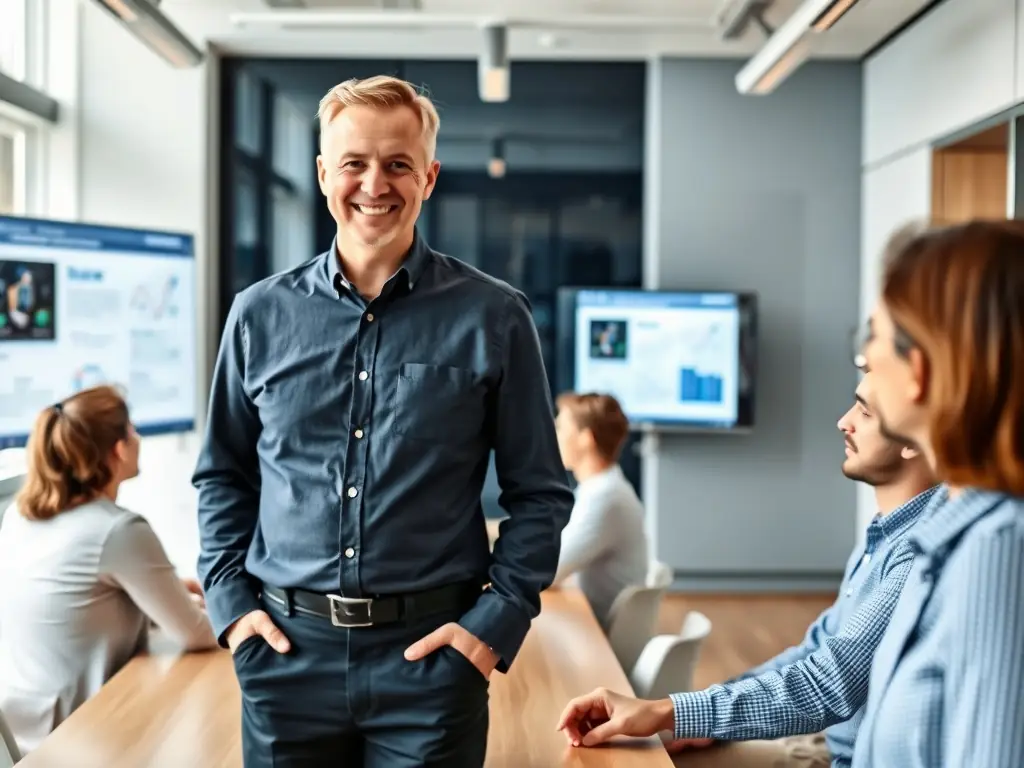 A consultant advising a business team in a modern office, emphasizing strategic planning and digital transformation.