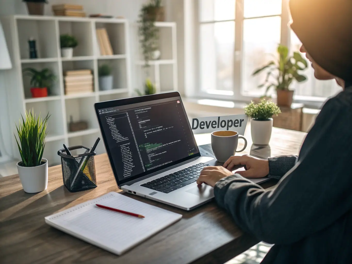 A professional workspace featuring a developer coding on a laptop, showcasing the creation of a modern, responsive website with clean, efficient code.